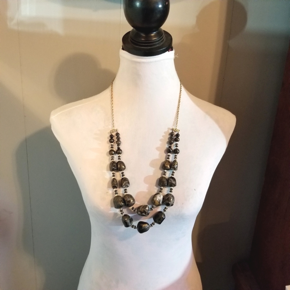 Vintage necklace two strand gold tone black swirled gold chunky multistrand - Picture 2 of 11